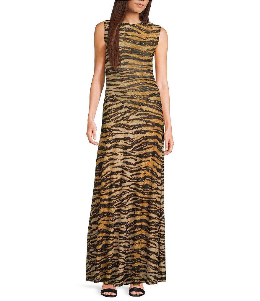 RONNY KOBO Uzina Double Layer Mesh Animal Print Round Neck Sleeveless Maxi A-Line Dress Product Image