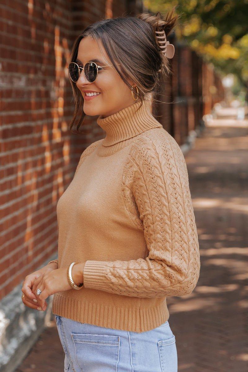 Camel Cable Knit Sleeve Turtleneck Sweater - DOORBUSTER Female Product Image