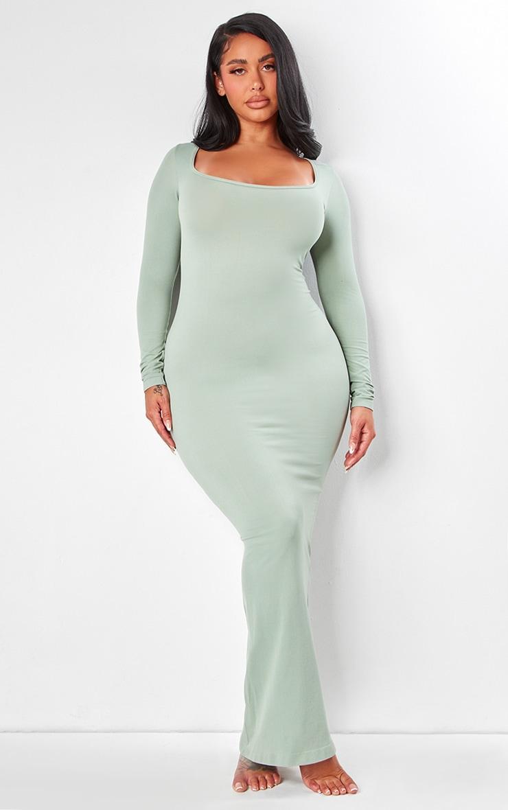 Shape Sage Green Stretch Long Sleeve Maxi Dress Product Image