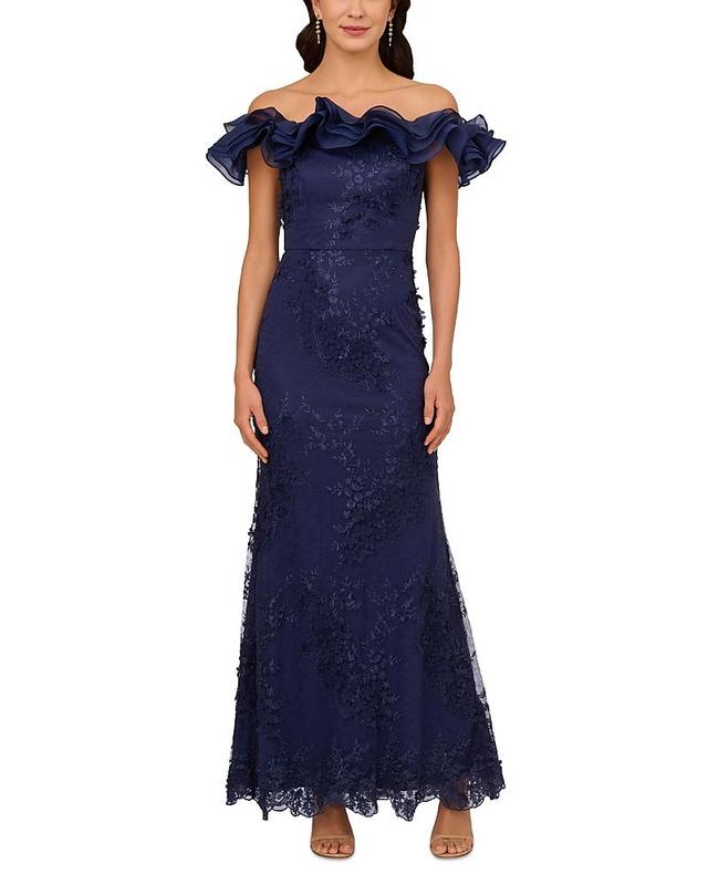 Adrianna Papell Floral Ruffle Gown (Light Navy) Women's Dress Product Image