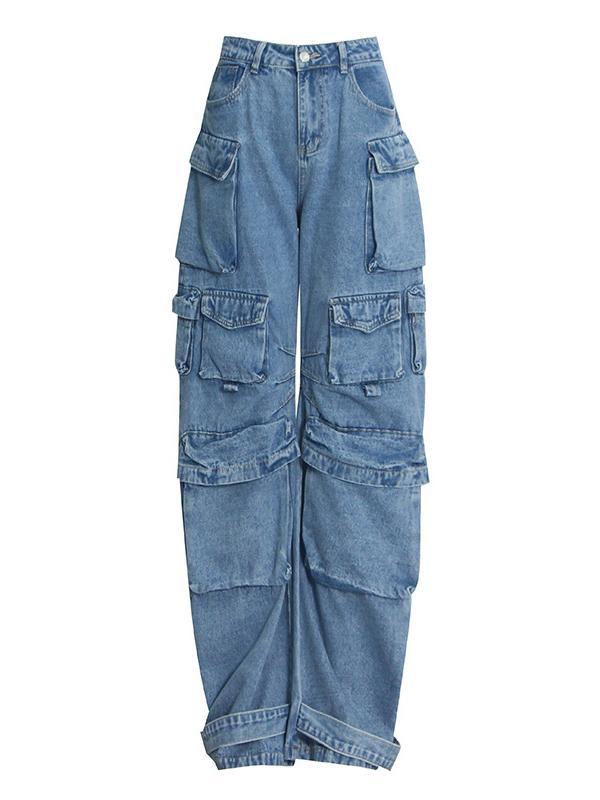 Loose Pleated Pockets Split-Joint Streamer Jean Pants Bottoms Product Image