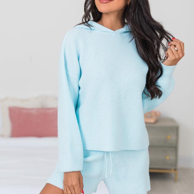 Cloud Chaser Sky Blue Sweater Knit Hoodie Product Image