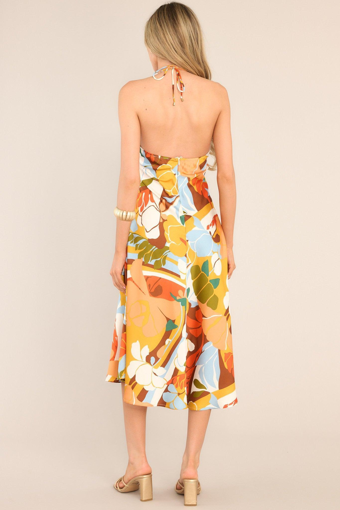 Ultimate Getaway Orangeade Tropical Print Halter Midi Dress Product Image