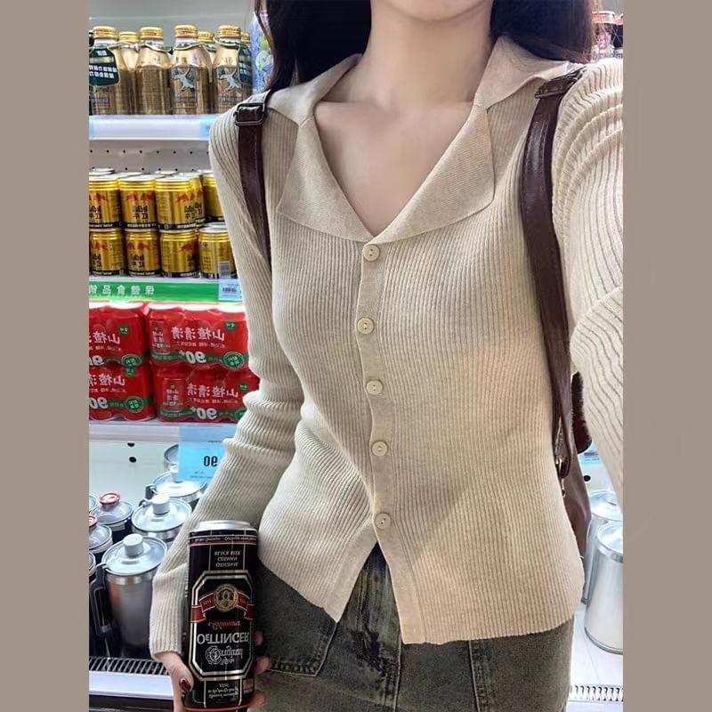 V-Neck Button-Up Plain Crop Cardigan Product Image