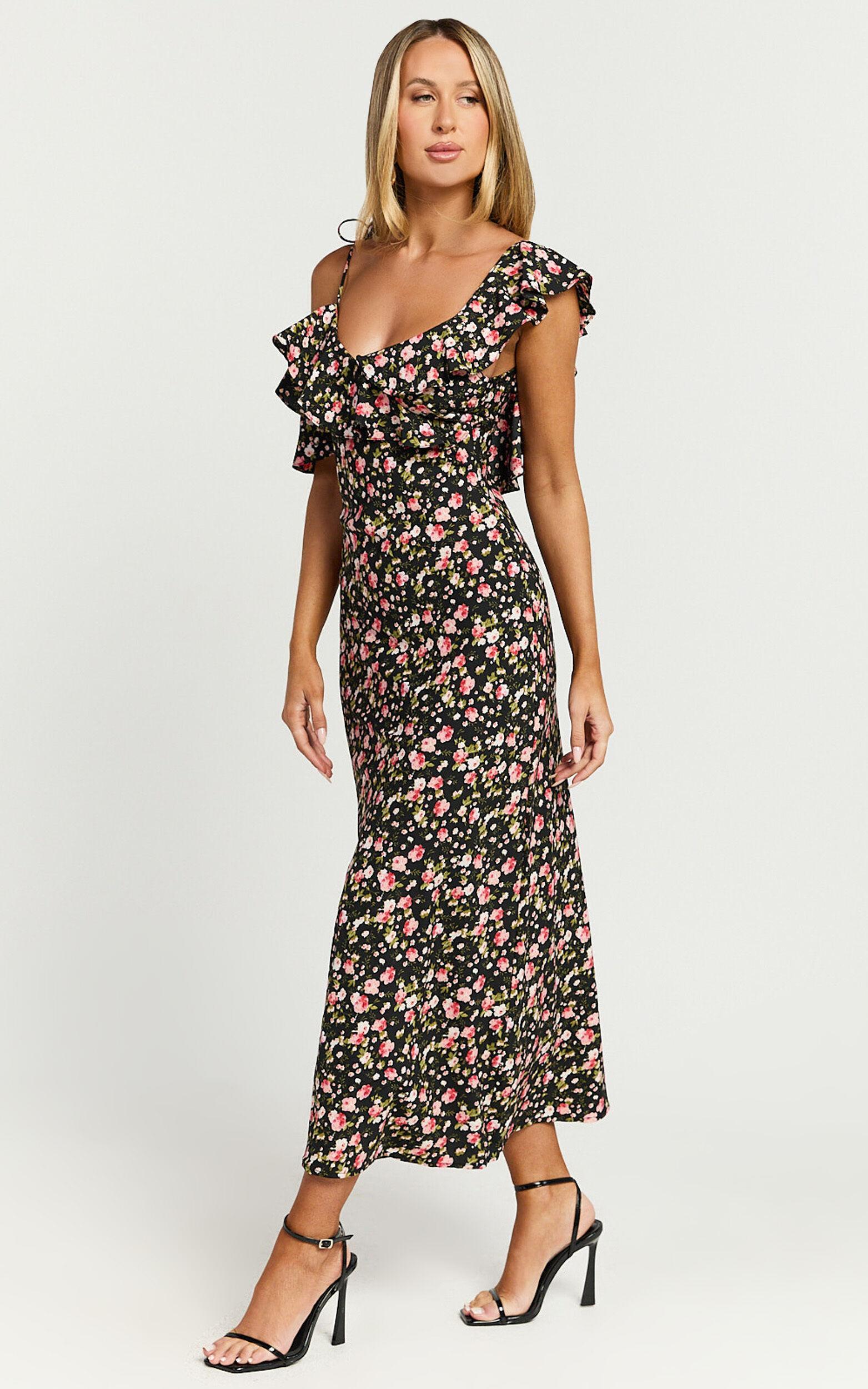 Giulia Midi Dress - One Shoulder Frill Detail Dress in Black Floral Product Image