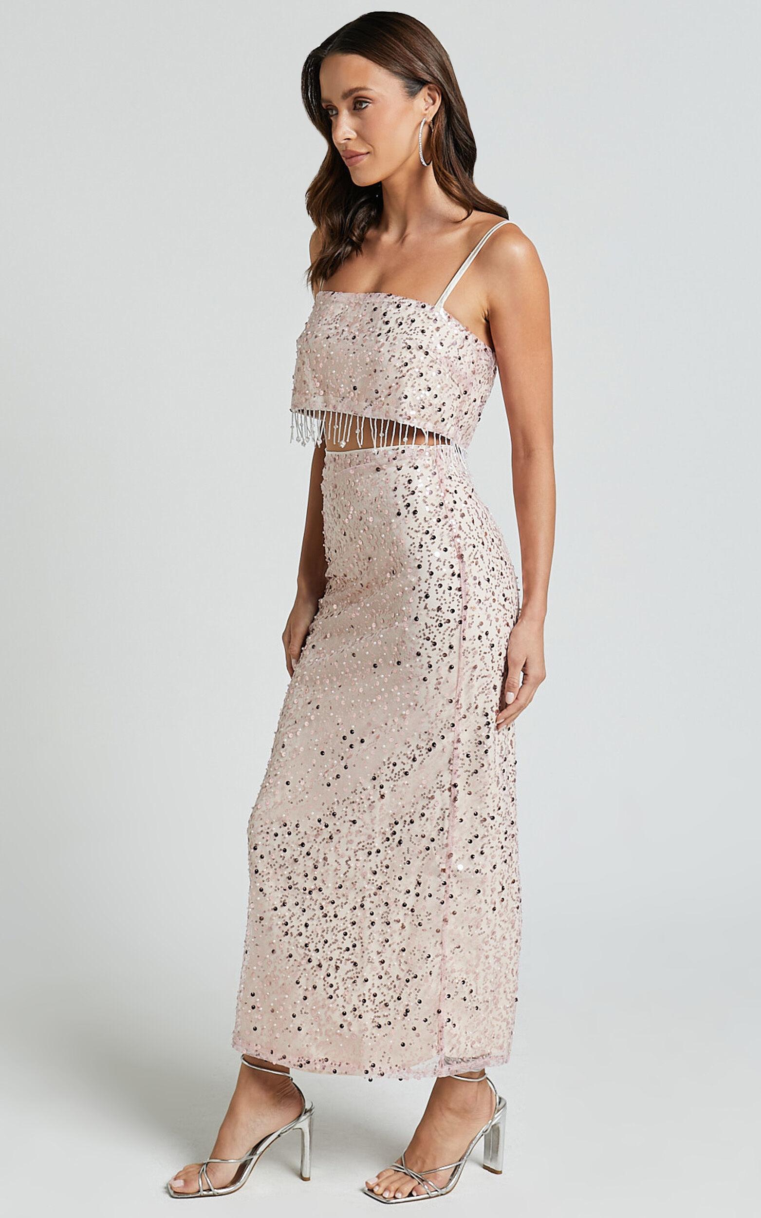 Anna Two Piece Set - Tassel Crop Top and Midi Skirt Sequin Set in Pale Pink Product Image