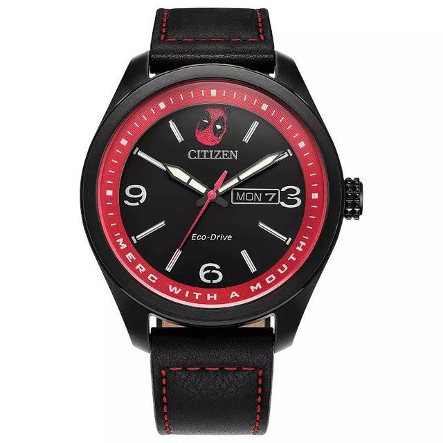 Citizen Mens Eco-Drive Marvel Here Comes Deadpool Black IP Stainless Steel Black Leather Strap Watch - AW0145-02W Product Image