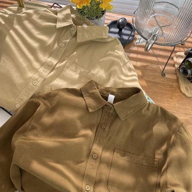 Long-Sleeve Plain Button-Up Crop Shirt Product Image