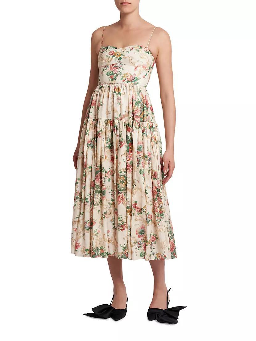 Pleated Floral Linen Midi-Dress Product Image