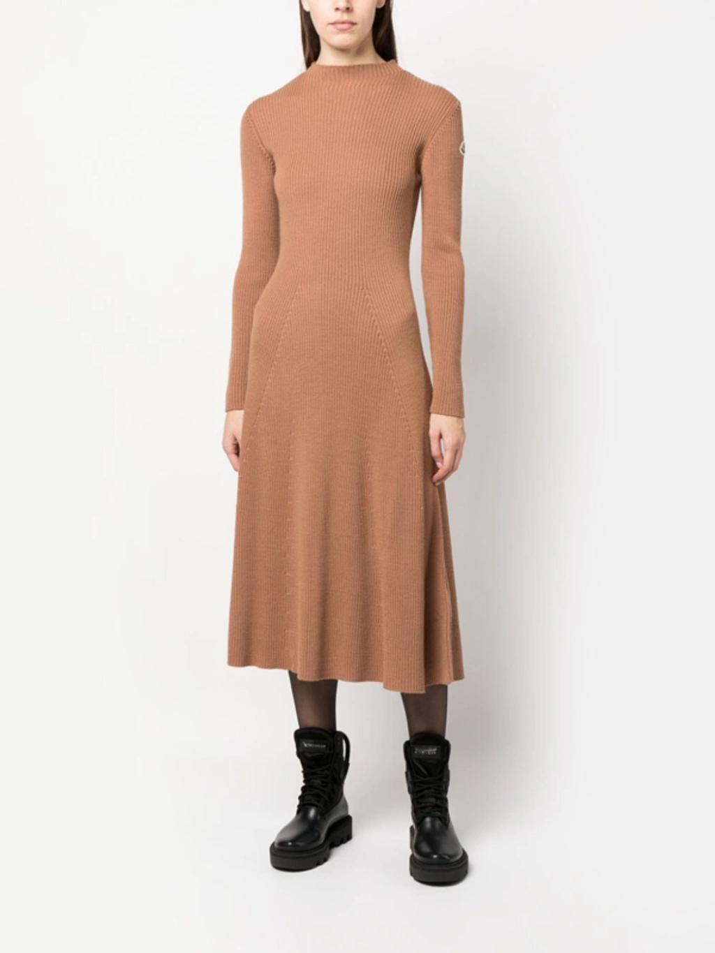 MONCLER Ribbed Knit Wool Midi Dress In Camel Product Image