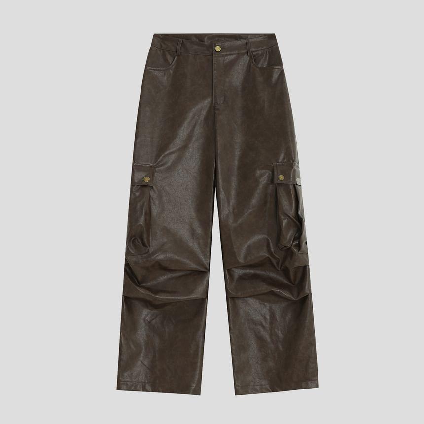 High Waist Plain Wide Leg Cargo Pants Product Image