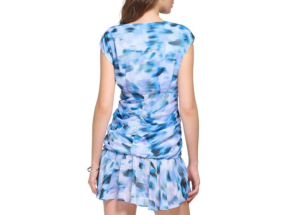 DKNY Sleeveless Printed Chiffon Ruched Front Dress (Frosting /White Multi) Women's Clothing Product Image