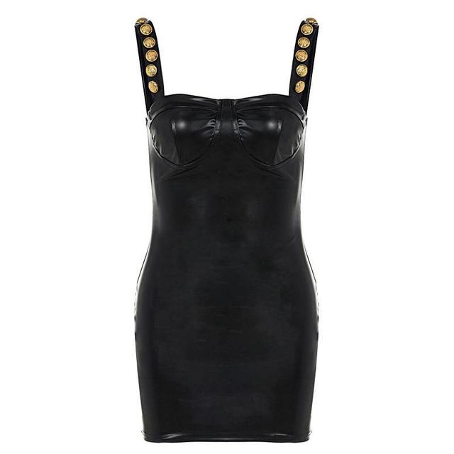 Spaghetti Strap Plain Faux Leather Mini Bodycon Corset Dress Product Image