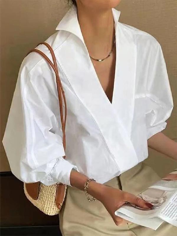 Puff Sleeves Solid Color V-neck Blouses&shirts Tops Product Image