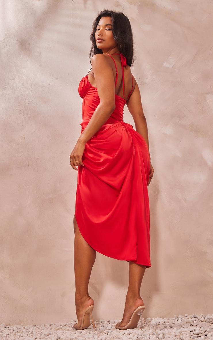 Red Satin Corset Layer Detail Ruched Midi Dress Product Image