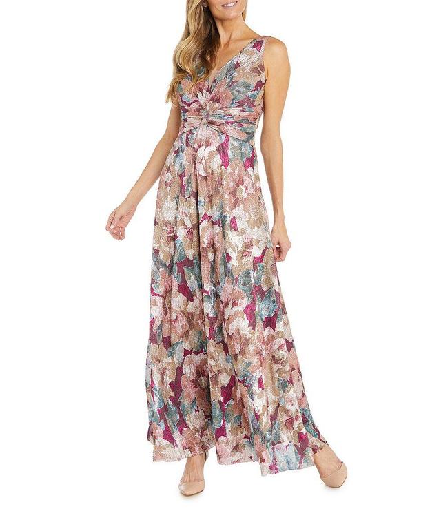 R & M Richards Metallic Floral Foil Print Sleeveless V-Neck Ruched Waist Maxi A-Line Gown Product Image