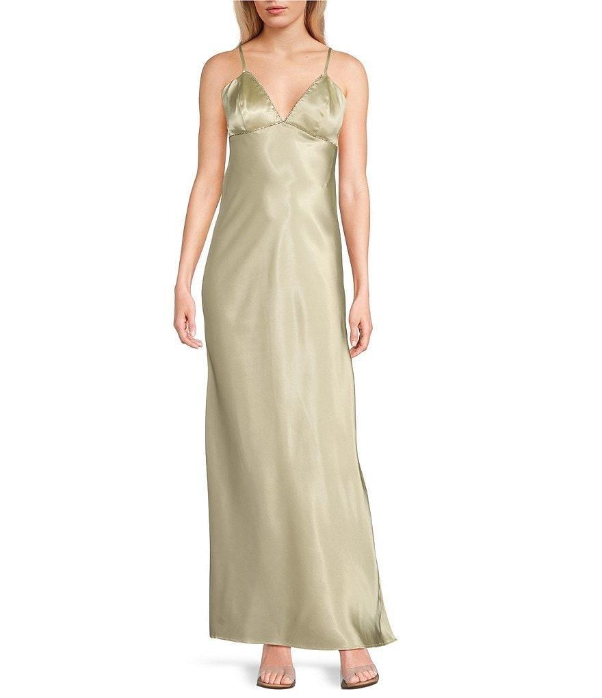 Morgan & Co. Sleeveless Spaghetti Strap Satin Rhinestone Trim Dress Product Image