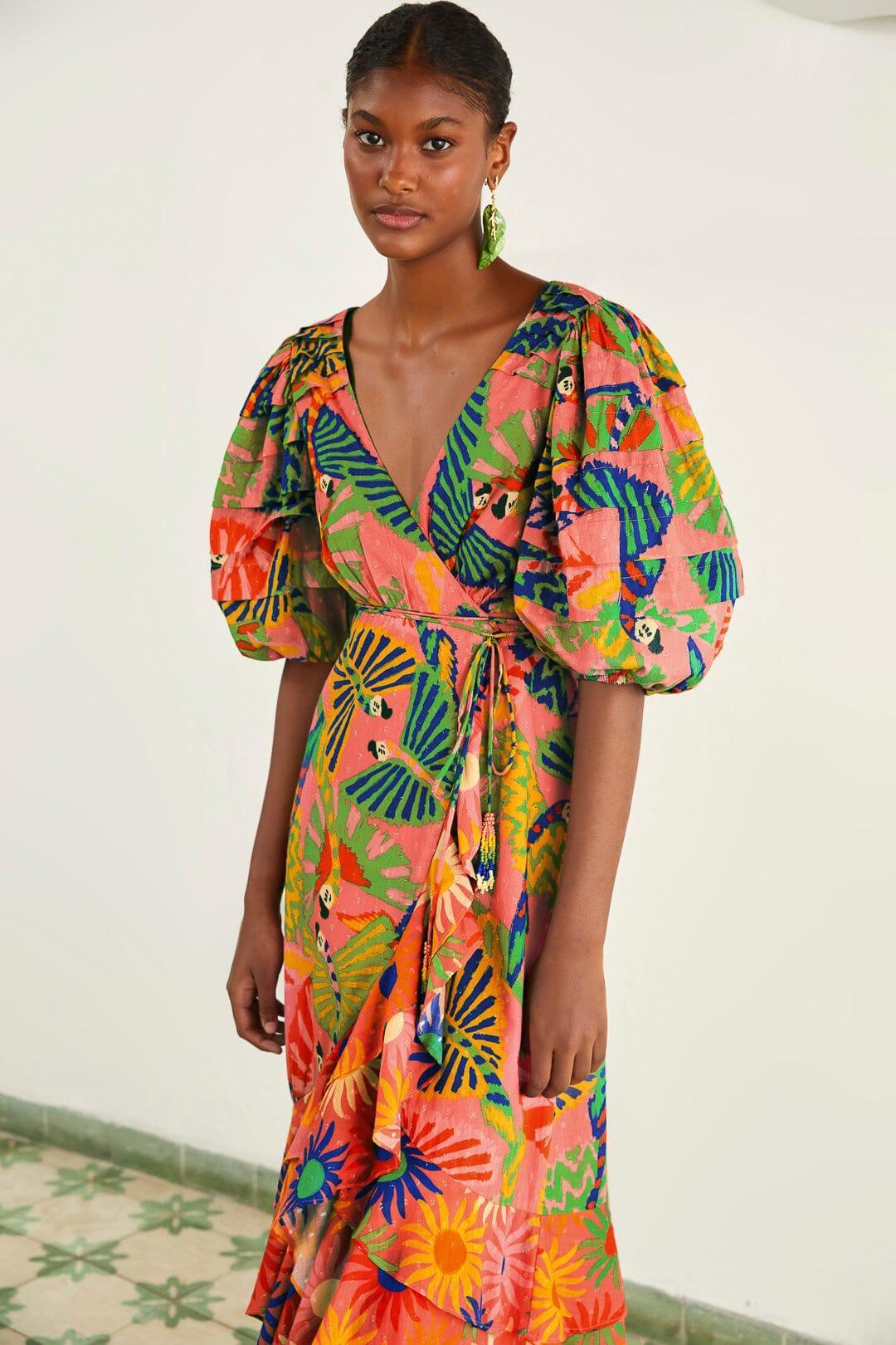 Coral Mixed Graphic Macaws Puff Sleeve Midi Dress Product Image