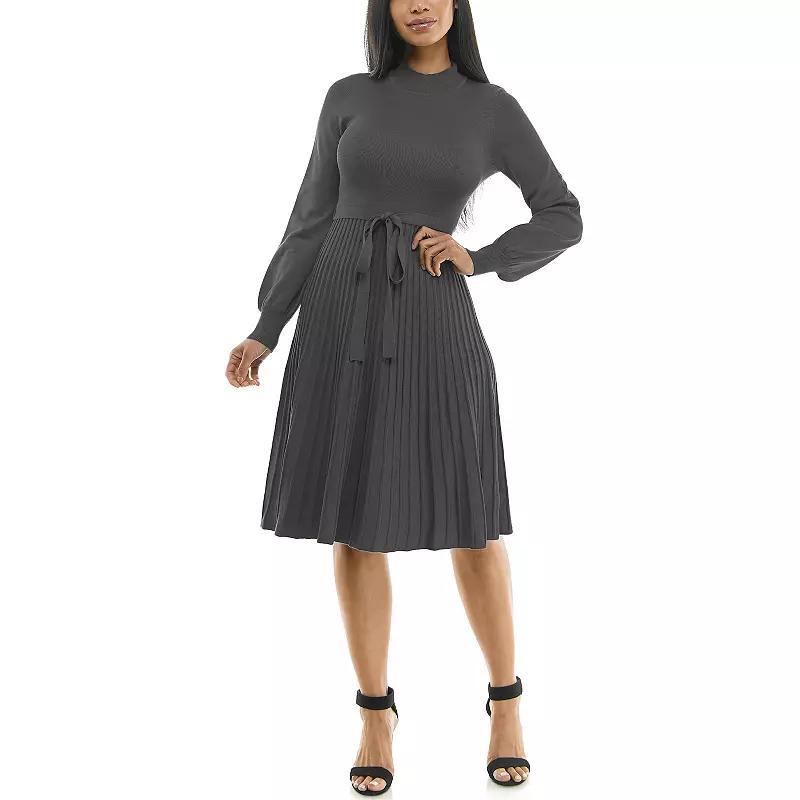 Womens Nina Leonard Balloon Sleeve Pleated Midi Sweater Dress Grey Product Image