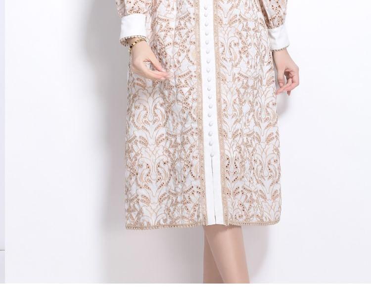 Long Sleeve V-Neck Embroidered Eyelet Belted Midi A-Line Dress Product Image