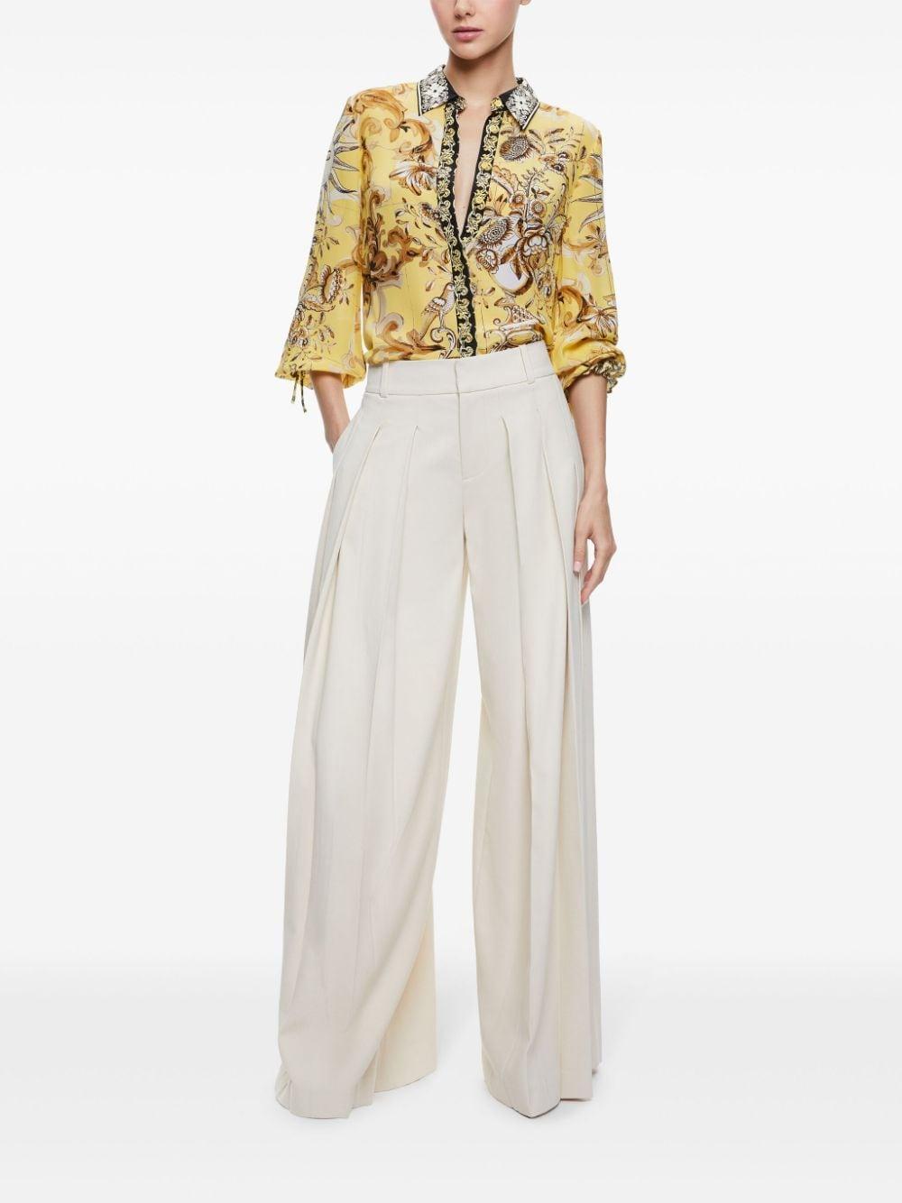 ALICE AND OLIVIA Willa Printed Crepe Tie-sleeve Blouse In Lisboa Lemon Meringue Product Image