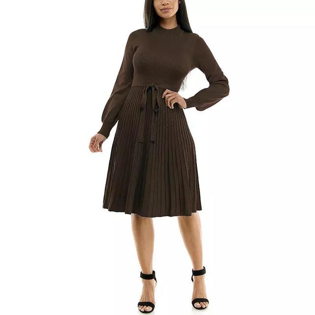 Womens Nina Leonard Balloon Sleeve Pleated Midi Sweater Dress Grey Product Image