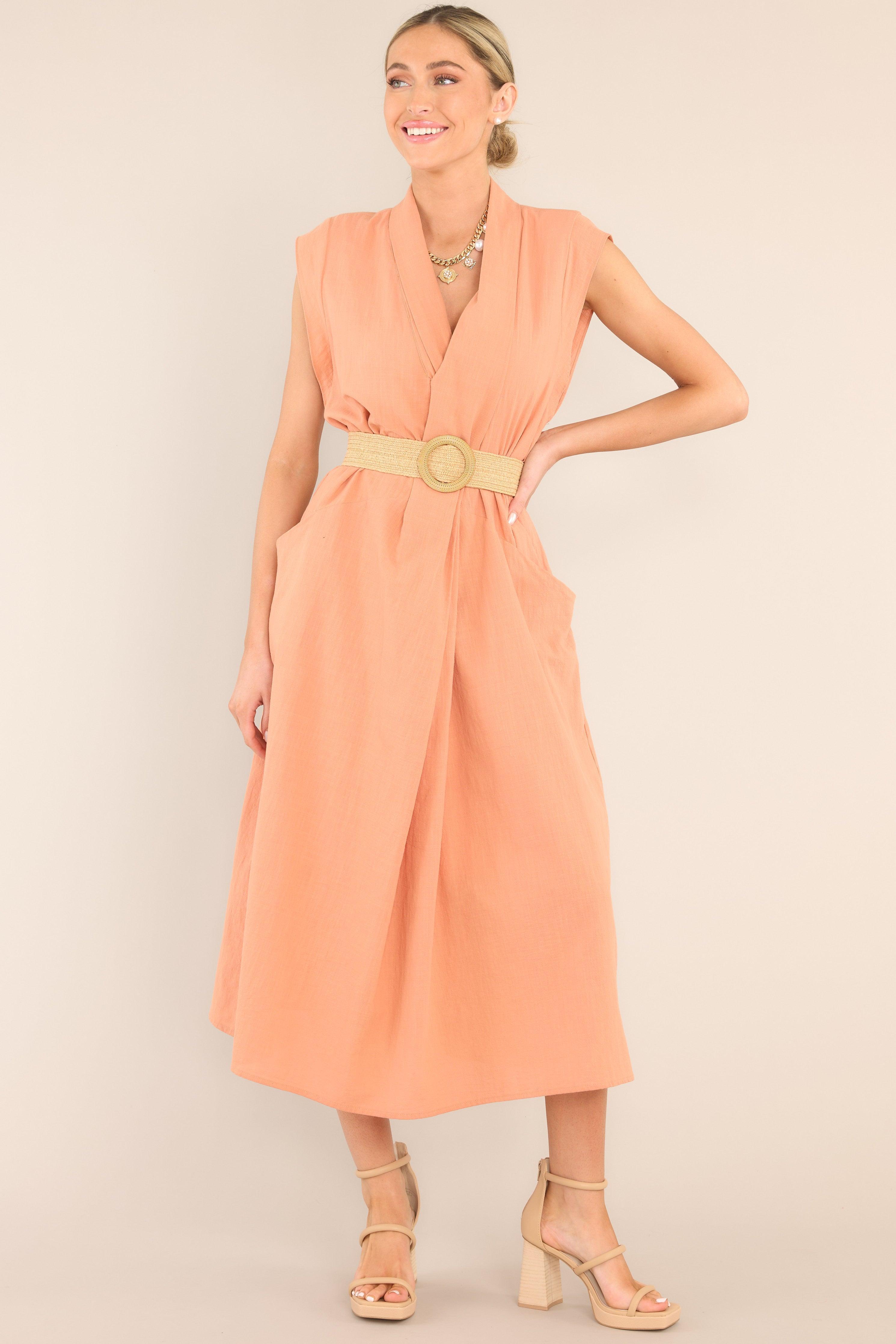 Daily Gratitude Light Clay Belted Midi Dress Light Orange Product Image