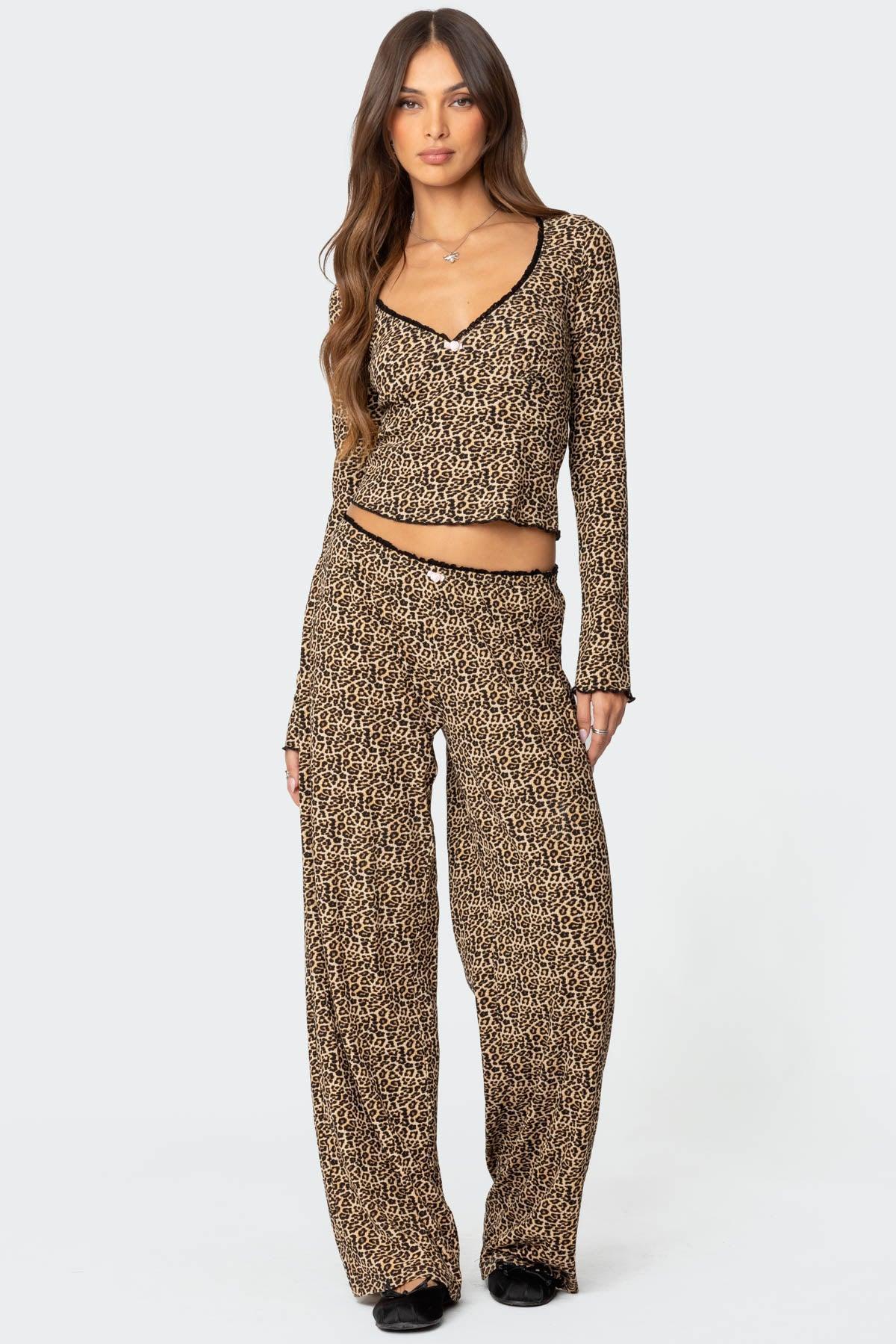 Lue Leopard Printed Ribbed Pants Product Image