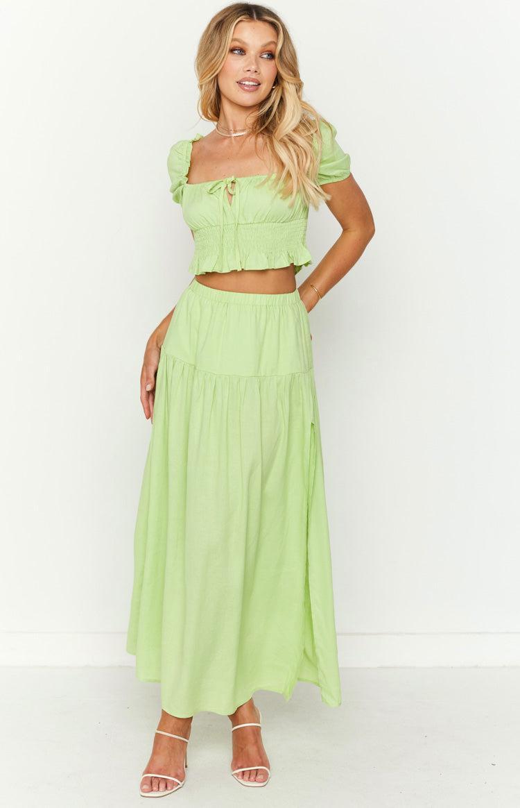 Ruthie Green Linen Blend Tiered Maxi Skirt Product Image