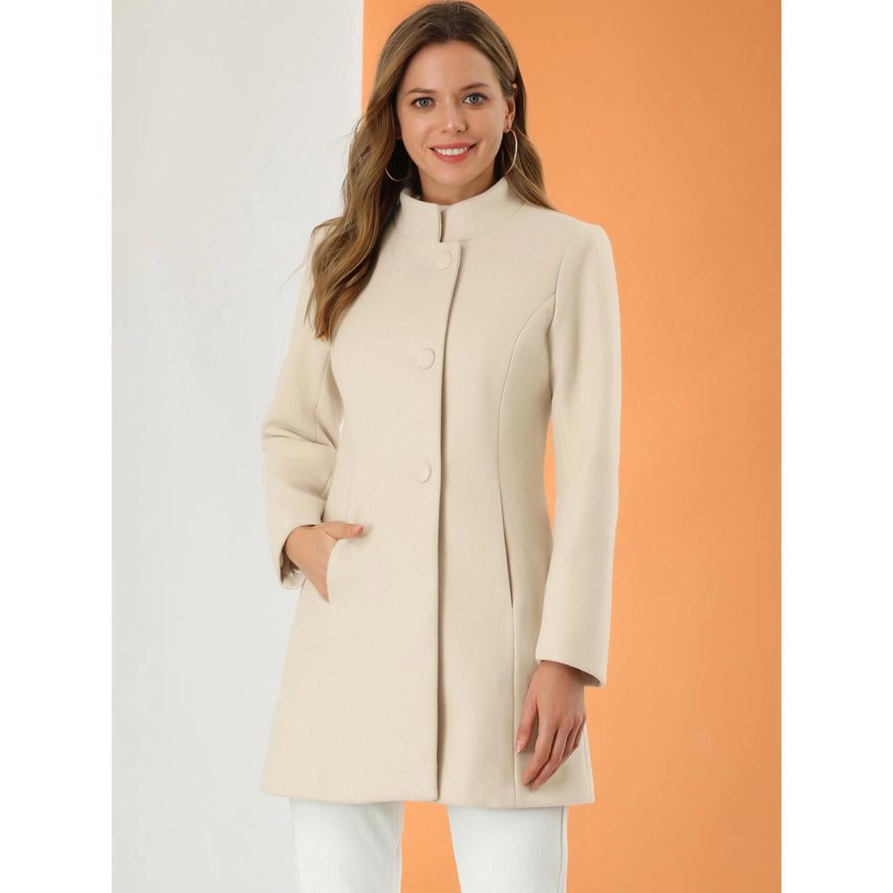 Allegra K Women's Winter Stand Collar Single Breasted Mid-thigh Long Overcoat Beige Small Product Image