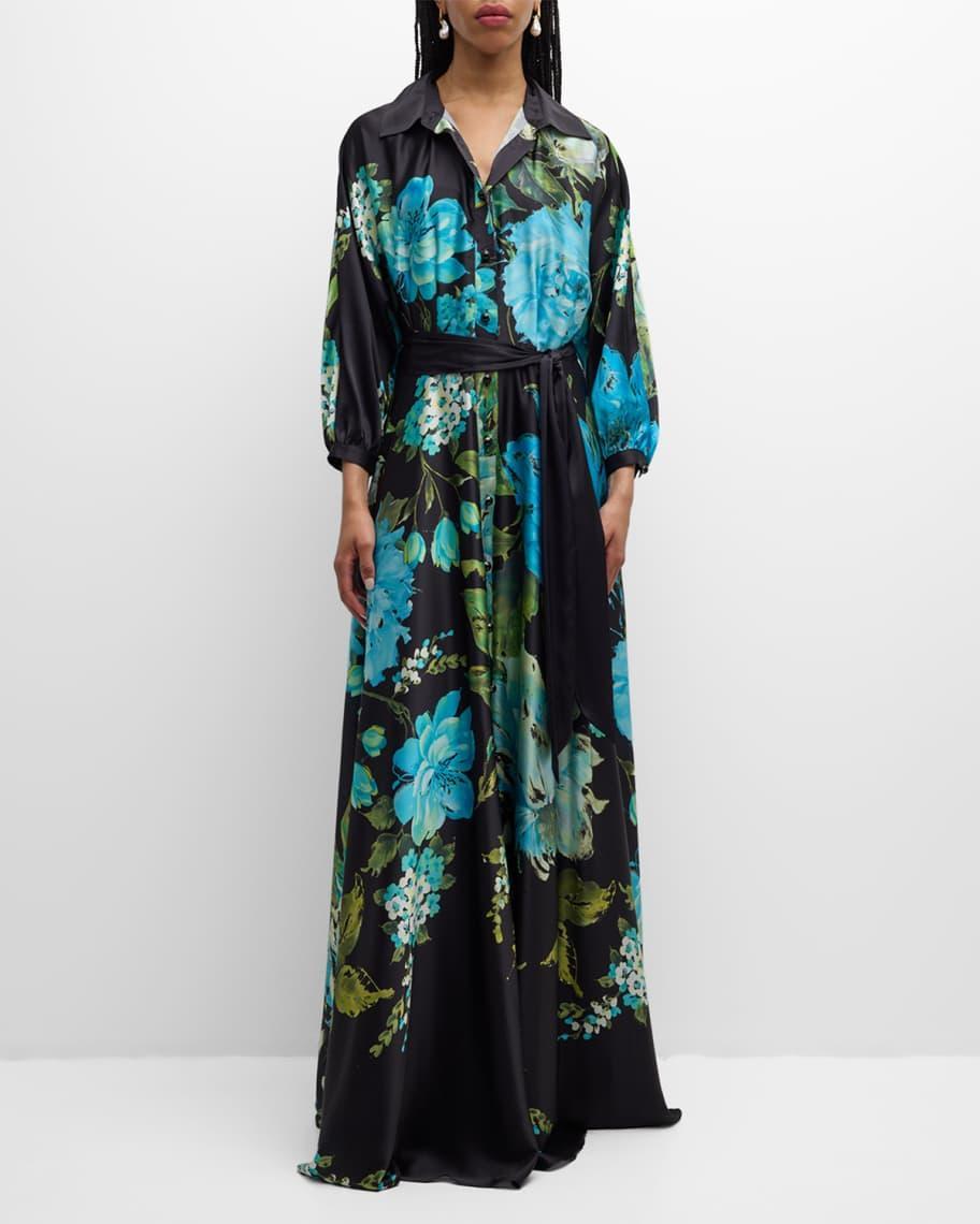 3/4-Sleeve Floral-Print Twill Shirt Gown Product Image