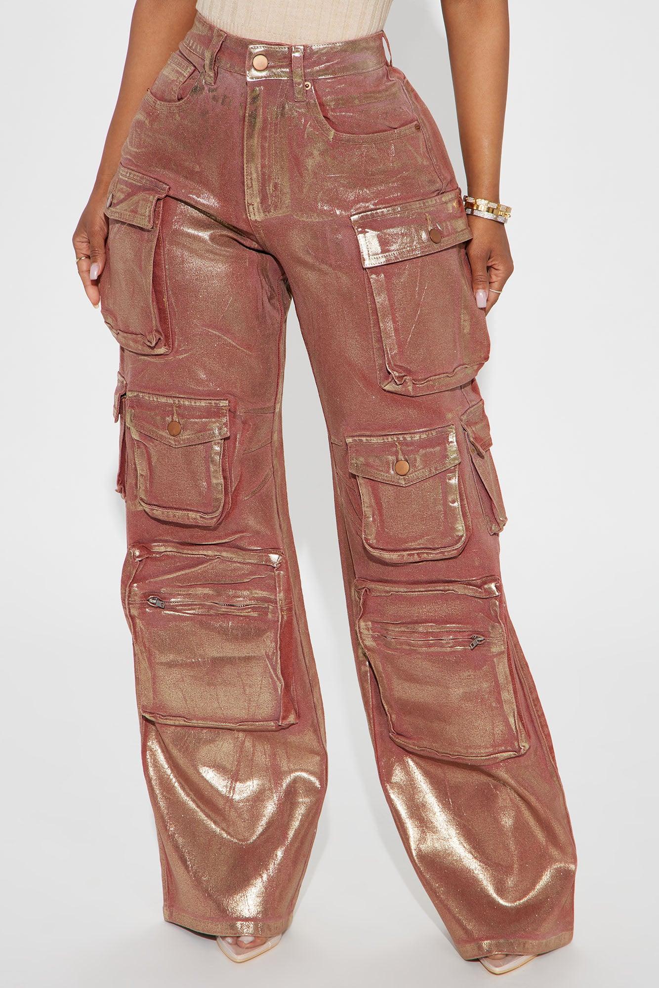 Time To Shine Foil Baggy Cargo Jeans - Burgundy Product Image