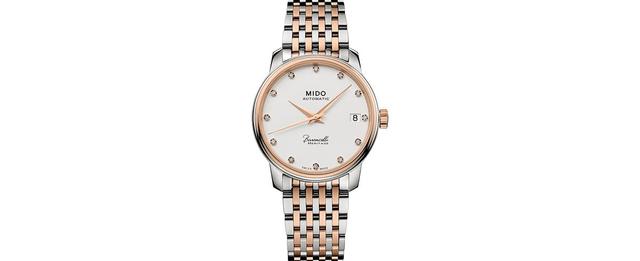 Mido Womens Swiss Automatic Baroncelli Iii Heritage Diamond (1/10 ct. t.w.) Two Tone Stainless Steel Bracelet Watch 33mm - White Product Image