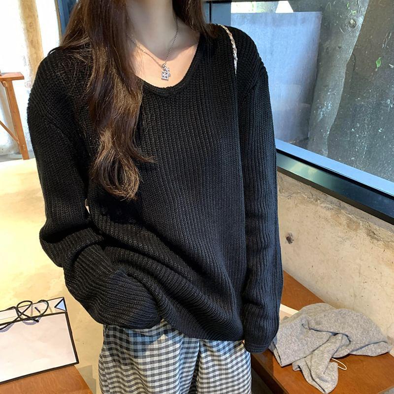 V-Neck Ribbed Plain Sweater Product Image