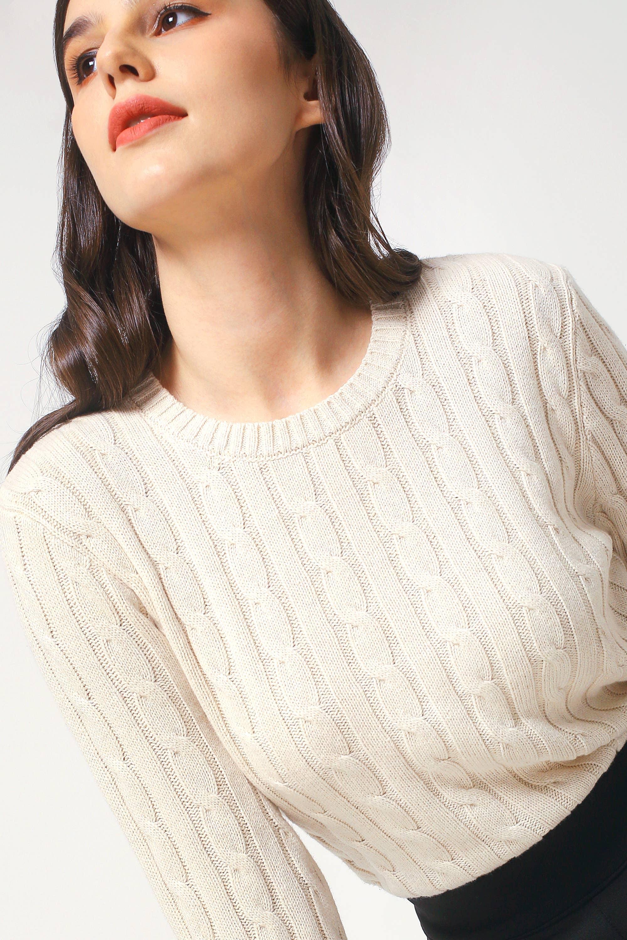 Women's Cotton Cable Crew Neck Sweater Product Image