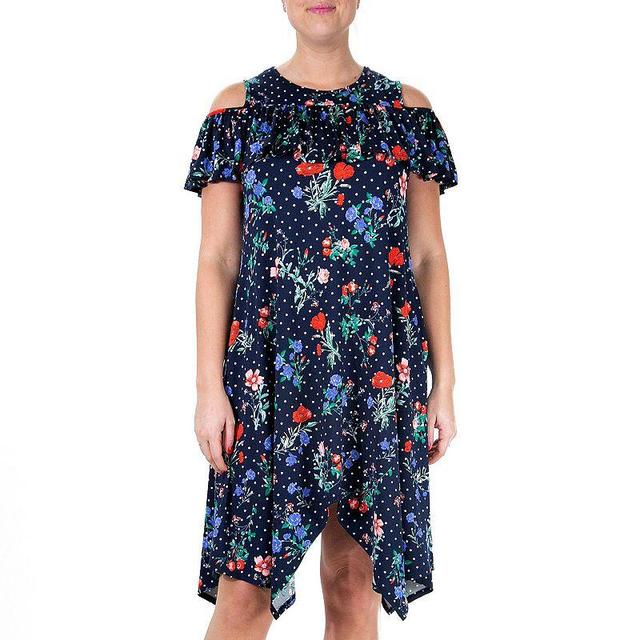 Womens Nina Leonard Print Cold-Shoulder Ruffle Dress Blue Product Image