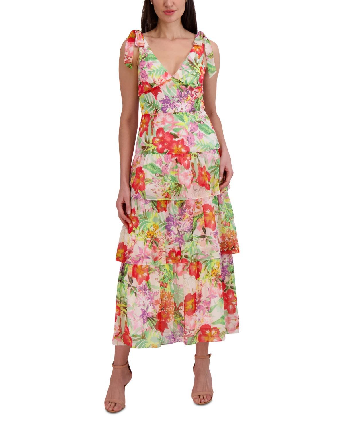 julia jordan Womans Printed V-Neck Tie-Straps Tiered Dress Product Image