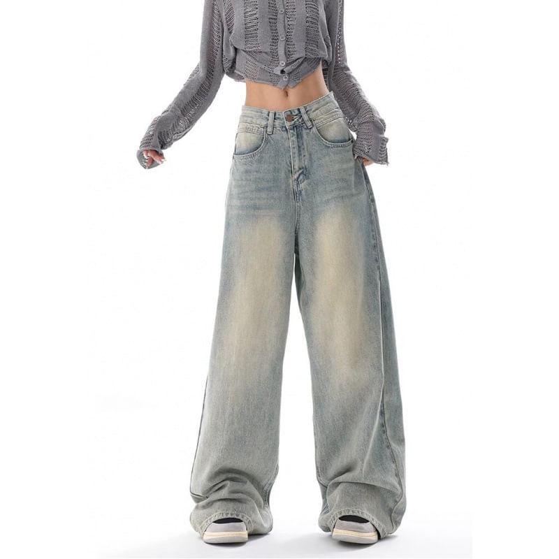 Low Waist Washed Loose-Fit Wide-Leg Jeans Product Image