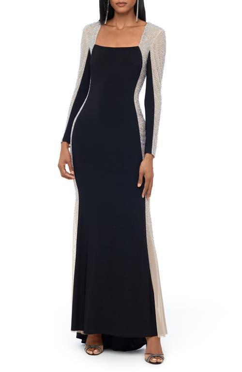 Xscape Petite Size Long Sleeve Square Neck Caviar Beaded Mesh Panels Sheath Gown Product Image