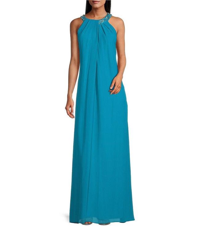 Ignite Evenings Petite Size Sleeveless Beaded Halter Neck Chiffon Gown Product Image