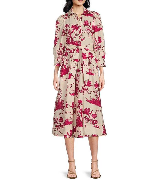 Tara Jarmon Rivoltine Woven Floral Print Point Collar 3/4 Balloon Sleeve Belted Midi Shirt Dress Product Image