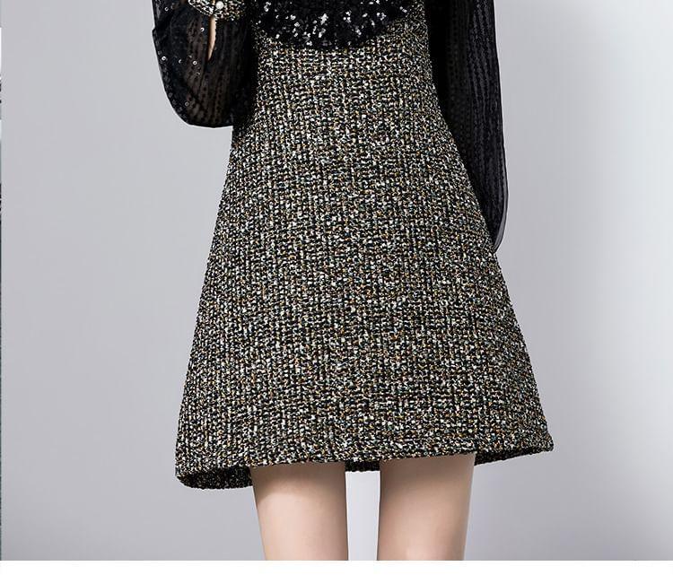 Long Sleeve Collared Sequined Tweed Mini A-Line Dress Product Image