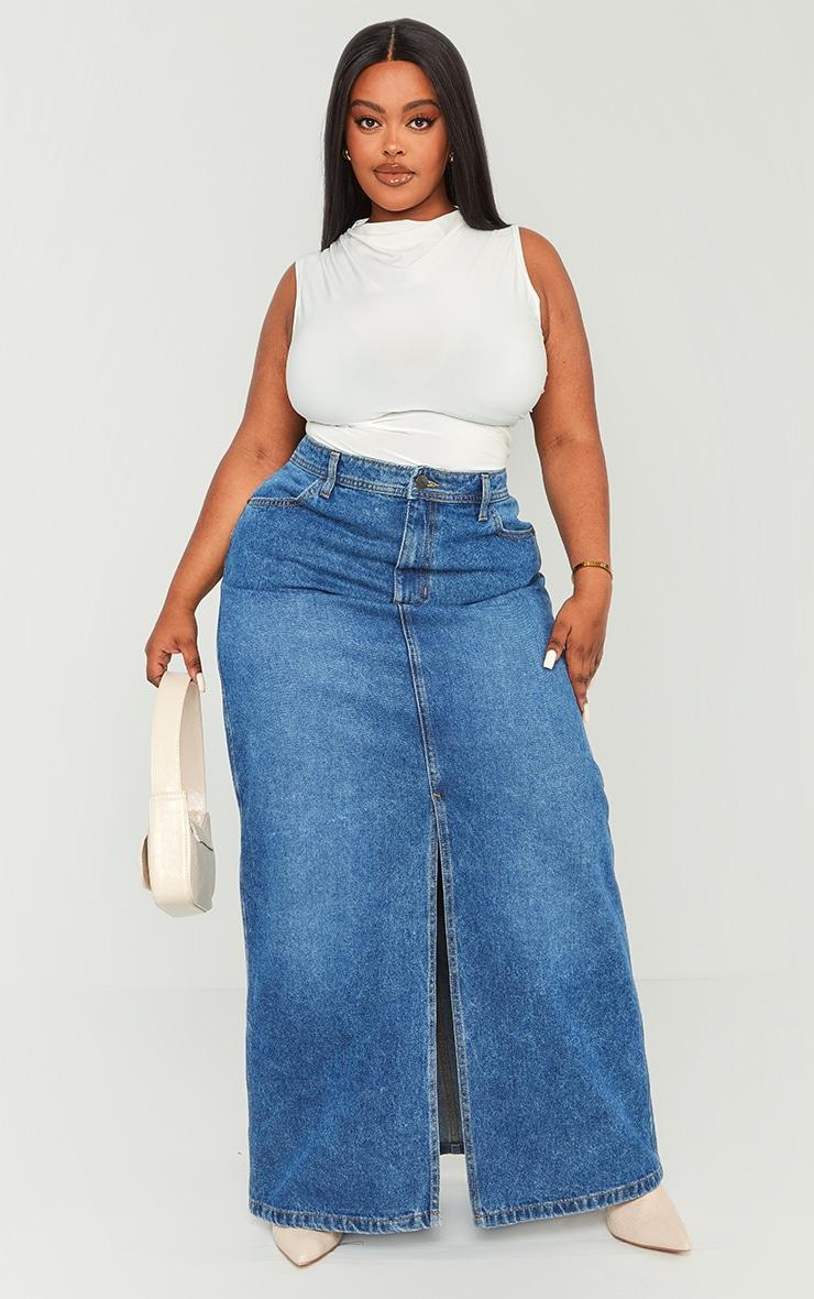 Plus Dark Blue Wash Split Front Denim Maxi Skirt Product Image