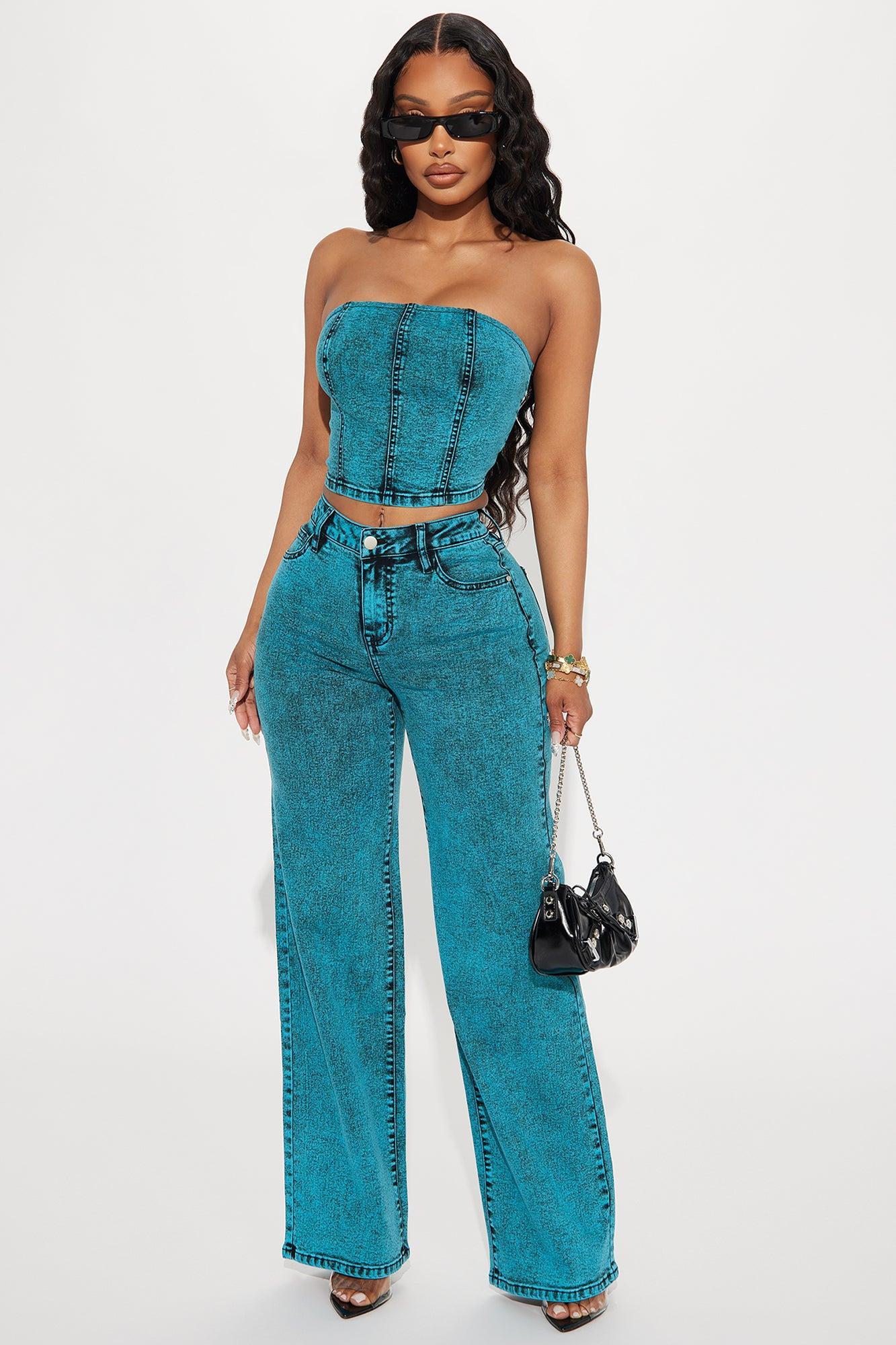 Cyan Stretch Strapless Denim Top - Teal Product Image