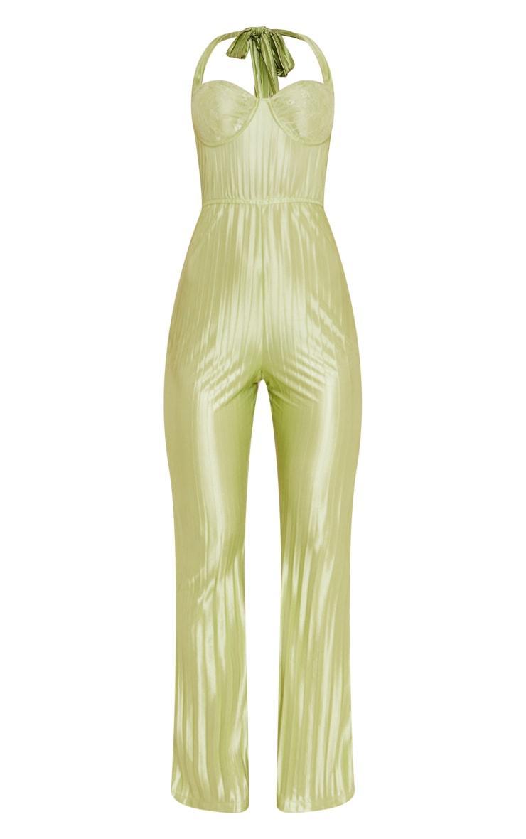 Sage Green Plisse Lace Cup Underwired Halter Tie Jumpsuit Product Image