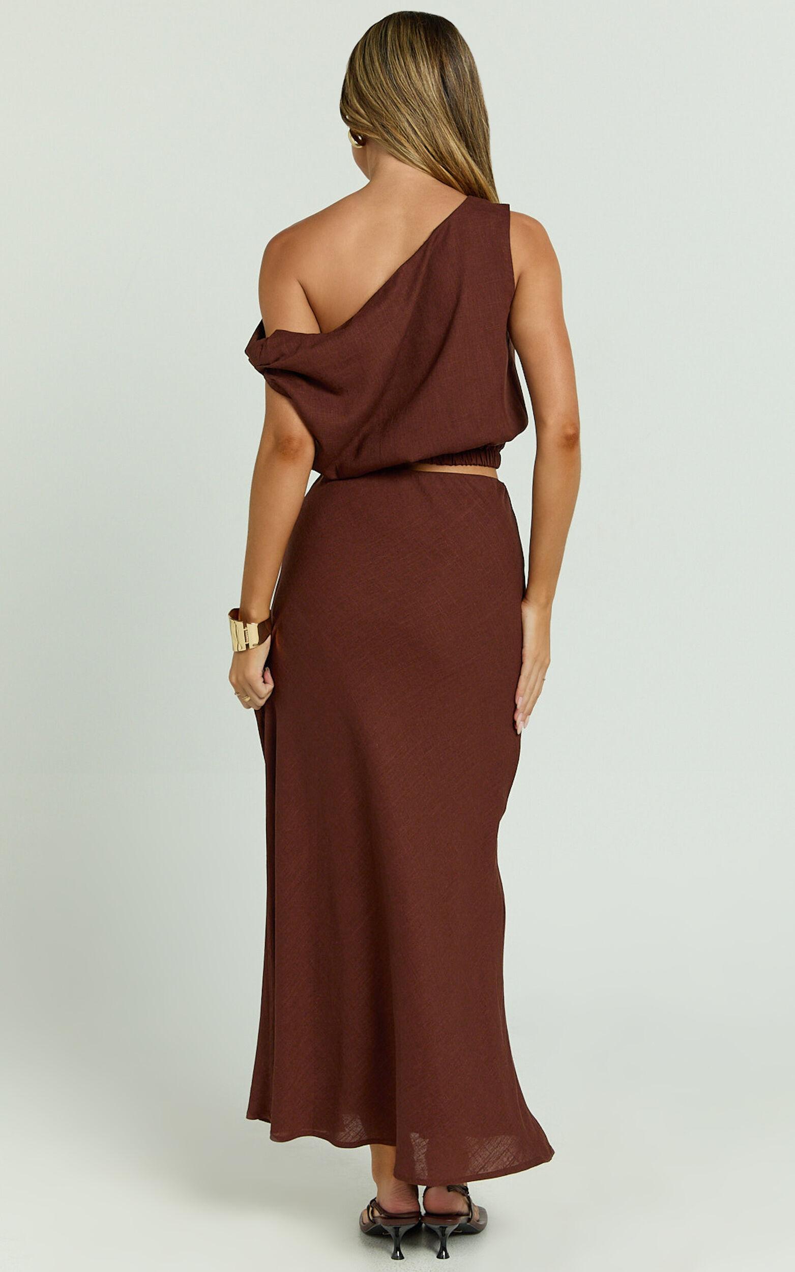 Collins Midi Skirt - Linen Look High Waisted Linen Look Bias Slip Skirt in Chocolate Product Image