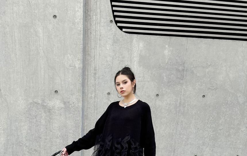 Long Sleeve Round Neck Plain Frill Panel Mesh Midi A-Line Dress Product Image