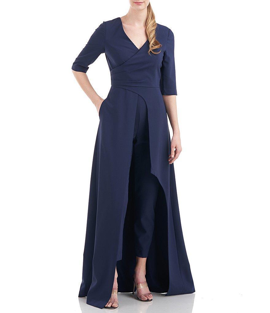 Kay Unger Stretch Crepe Surplice V-Neck Short Sleeve Walk Thru Jumpsuit Product Image