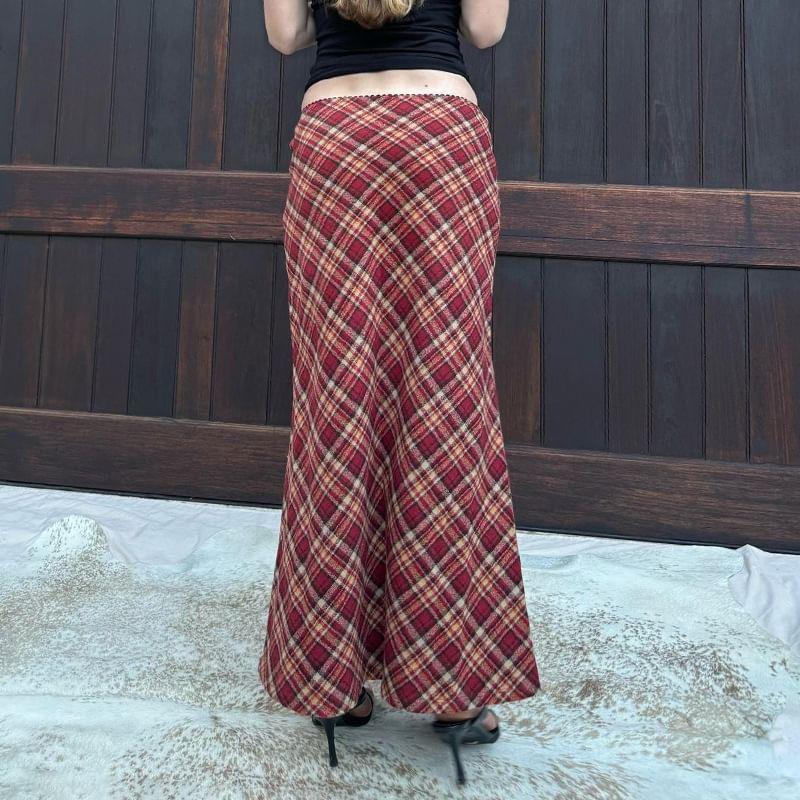 High Waist Plaid Maxi A-Line Skirt Product Image