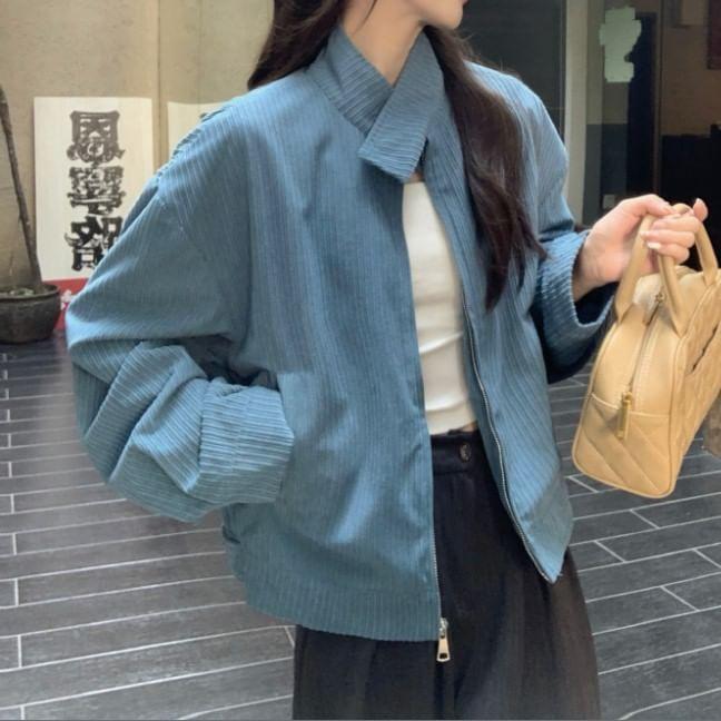 Stand Collar Plain Corduroy Zip-Up Jacket Product Image